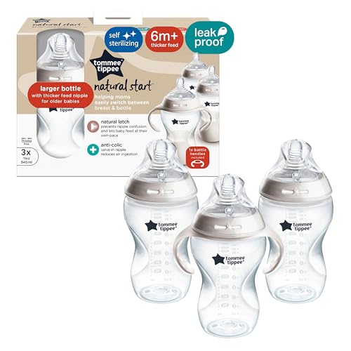 Tommee Tippee Natural Start Baby Bottle, 11oz, Thicker Feed, Breast-Like Nipple for Babies 6 Months+, Clear, 3 Count