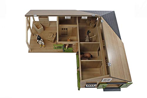 Kids Globe Farming Reiterhof Bauernhof Pferdestall Holz 1:24 mit 3 Boxen, Spielzeug Pferdehof, mit praktischem Faltdach… – Bild 3