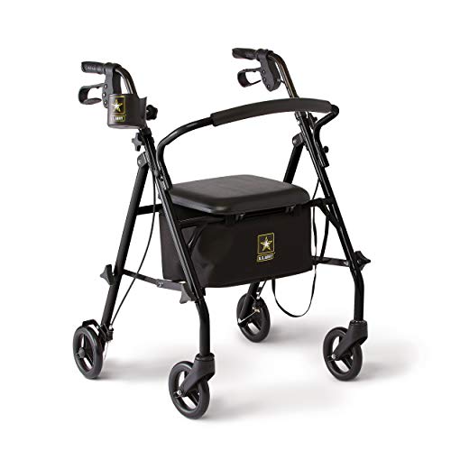 Medline Basic Steel Rollator with Seat, Black with U.S. Army Logo, 6