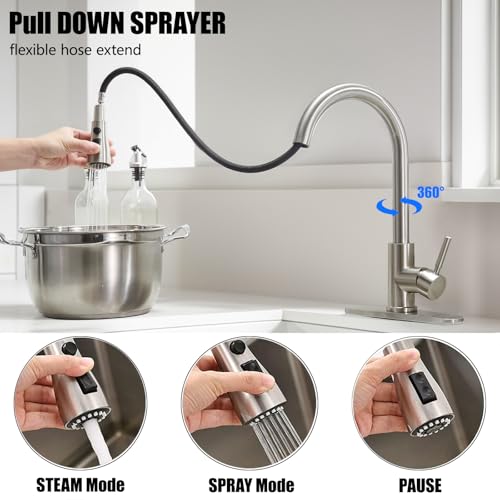 KINGO Kitchen Faucet, Brushed Nickel Kitchen Faucets with Pull Down Sprayer, High Arc Single Handle Stainless Steel Sink Faucets 1 or 3 Hole, Kitchen Sink Faucets for Farmhouse Camper Laundry Rv Bar - Image 4