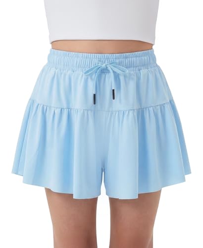 Stelle Butterfly Shorts Girls with Pocket Athletic Flowy Short 2 in 1 Dance Cheer Running Tennis Sports Skort,Light Blue,12-13 Years