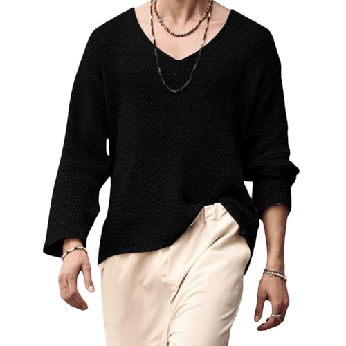 Mens V-Neck Knit Sweater Long Sleeve Solid V-Neck Pullovers Casual Jumpers Tops Fall Streetwear