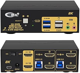 CKL 2 Port USB 3.0 KVM Switch Dual Monitor HDMI 2.1 8K 60Hz 4K 120Hz 144Hz, Keyboard Video Mouse Peripherals Switcher for 2 Computers 2 Monitors with Audio 922HUA-4