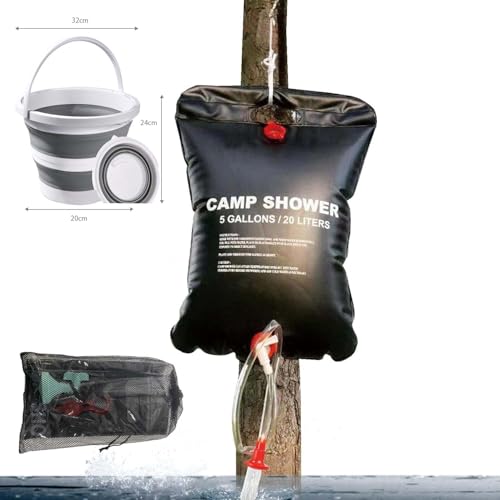 SURFSPRINT Portable Shower for Camping, Outdoor Camping Shower Bag 5 Gallon/20L, Waterproof Shower Bag with Collapsible Water Bucket, Shower Kit for Hiking, Car Travel, Picnic, Climb, Beach Trips