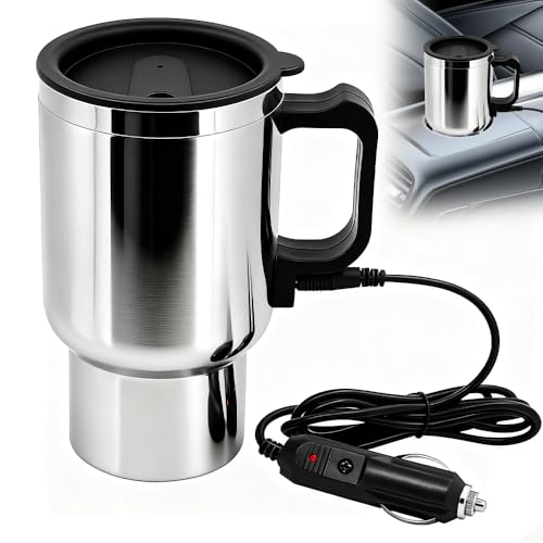Rakuker Tazza Riscaldata per Auto, 12V 450Ml Bollitore Thermos Elettrico Tazza in Acciaio Inossidabile, Tazza da Viaggio Isolata con Manico Portatile, Auto Bollitore Elettrico Tazza con Accendisigari