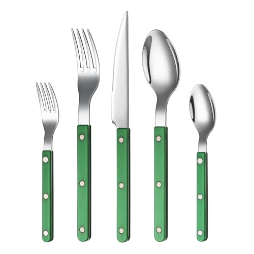 Khen Cutlery Set of 20, 18/8 Stainless Steel Flatware, Modern Silverware for Home, Kitchen, Dining & Table Setting for 4 – Stainless Steel, Dishwasher Safe, Lightweight & Ergonomic Design Gift - Green