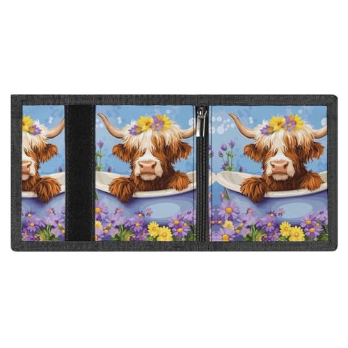 Highland Cow In Bathtub With Flowers Trifold Wallet Slim Coin Purse Card Holder with Keychain for Men Women4