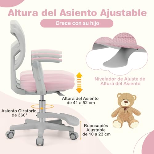 Miniatura 4 de Costway Silla Escritorio Juvenil, Silla Ergonómica Infantil Con Asiento Giratorio 360 , Reposabrazos Ajustables, Silla Giratoria De Malla Con Ruedas Universales Para Niños