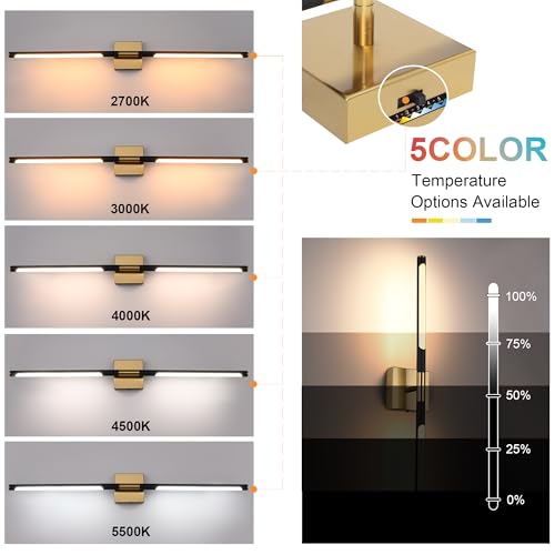 Image of TODOLUZ 40-Inch 5CCT 22W LED Bathroom Light Fixture, 2700K-5500K Wall Sconce Vanity Lighting with Rotatable Lamp Tube, Black & Brushed Brass