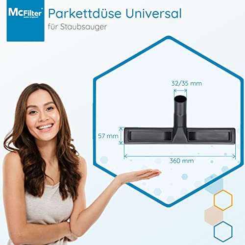 McFilter I Universal 32/35mm Hartbodendüse Staubsaugerdüse 360 mm extra breit kompatibel mit Siemens, Bosch, AEG, Miele, Philips, Samsung, Dirt Devil, Panasonic, 2 Laufräder, weiches Rosshaar