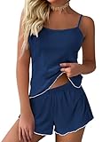 Ekouaer Womens Cami Pajama Sets 2 Piece Ribbed Knit PJs Soft Lingerie Sleeveless Tank Top and Shorts Camisole Lounge Set Navy Blue M