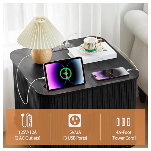 Image of 24 inch Square Side Table with Charging Station, Fluted Nighstand with Storage & Sliding Door, Large Wood End Table for Bedroom, Living Room (Square, Black)