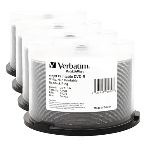 Image of Verbatim DVD-R Blank Discs 4.7GB 16X DataLifePlus White Inkjet Printable Recordable Disc Hub Printable - 50 Count Spindle 95079,(Pack of 4)