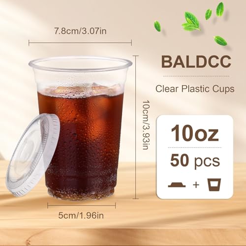 Image of 10 Oz 50 Set Clear Plastic Cups with Flat Lids, Iced Coffee Cups