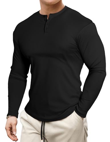 JMIERR Mens 2025 Fall Fashion Casual Henley Shirt Long Sleeve Slim Fitted Shirts Curved Hem for Athletic Gym Workout4