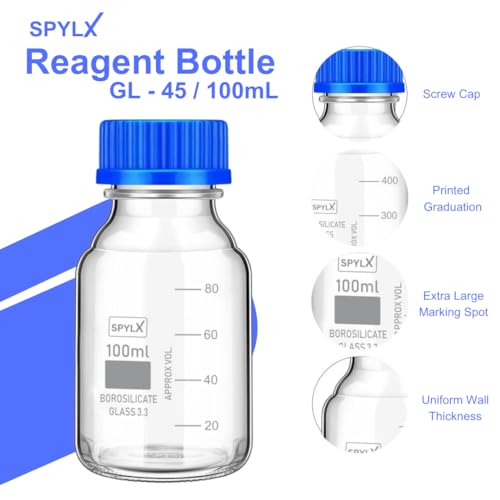Image of Borosilicate Glass reagent bottle 100ml with leak proof Blue Screw Cap pack of 6 for glassware wide mouth chemical bottles for lab, laboratory, kitchen and professional use