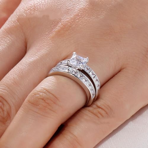 Princess Cut Wedding Ring Set for Women White Gold 1 Carat Center Moissanite Bridal Sets Wedding Rings Engagement Ring Set Platinum Plated Silver 10K 14K 18K Gold3