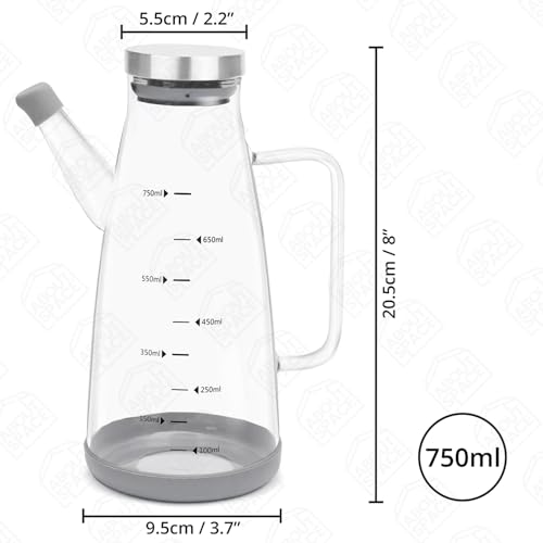 Image of ABOUT SPACE Glass Oil Dispenser 750 ml with Stainless Steel Cap, Silicone Base, Measurement, Drip-proof Hawk with Dust Cap, Leak-proof Oil Bottle for Kitchen, Upto 300F Easy to Refill Oil Container