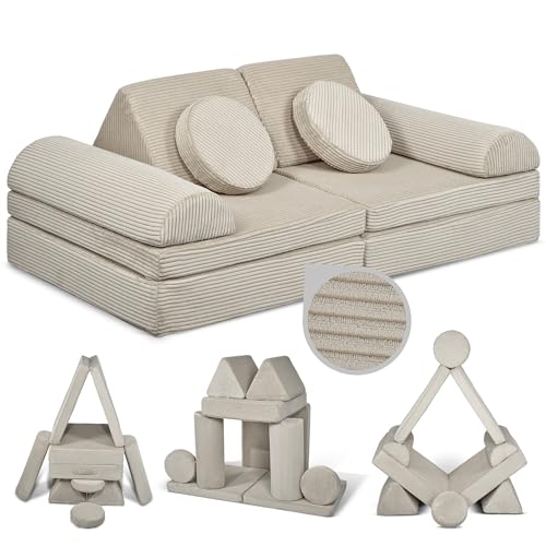 Linodino Spielsofa Cord Fantasiewelt Kindersofa-Bausteine - Kreative Stapelsteine für Kinder - Kindercouch Sofa-Kuschelecke im Kinderzimmer | Schaumstoff-Softbausteine [Kieselgrau]