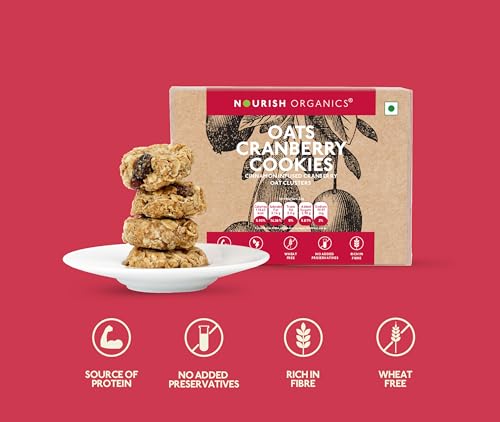 Image of Nourish Organics Oats Cranberry Cookies | Wholesome Cookies with Cranberries & Walnuts | Made with Oats, Coconut Jaggery & Seeds | High Fibre Snack | No Refined Sugar | 120g Pack