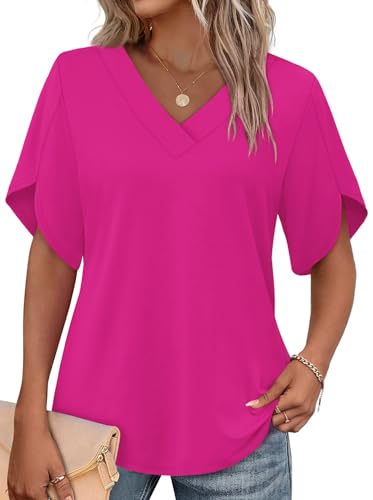 Image of WIHOLL Womens Summer Tops Short Petal Sleeve Shirts Fashion V Neck Womens Clothing