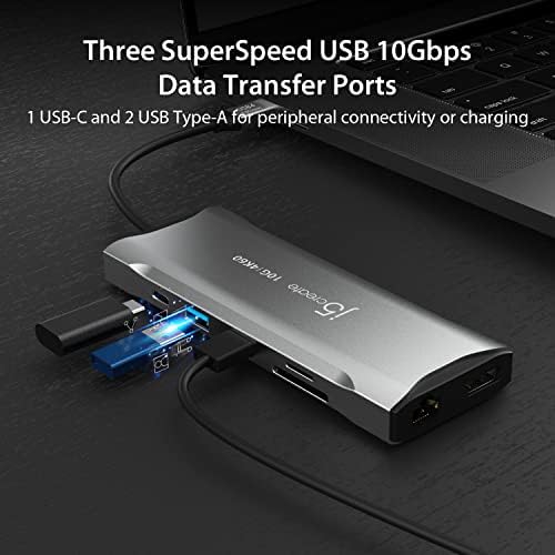 j5create USB C 4K Triple Display Hub - 4K HDMI x2, 4K DP, 2 USB-A and USB-C 10Gbps, PD 100W, Ethernet, SD 4.0 card reader | for XPS, Surface Pro (JCD397)