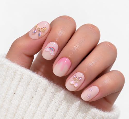 Image of 3D Press on Nails Pink with Bow Rainbow Cherry Floral