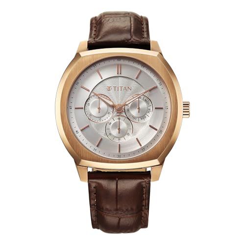 Image of Titan Regalia Arc Analog with Day Date Second Subdial and Silver Dial Brown Leather Strap Watch for Men - 90213WL01