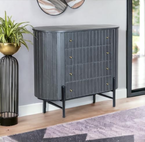Image of Solid Wooden Oval Chest of Drawers| 4 Drawers Chest | Wooden Storage Cabinet | Mango Wood, Premium Grey Finish