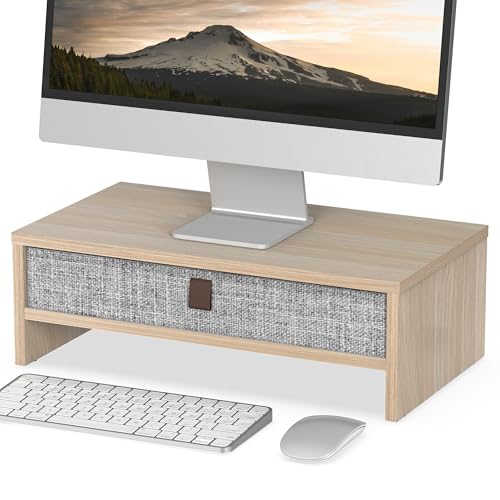 Fenge Soporte de Monitor con cajón, Computer Monitor Stand Para Escritorio, Organizador de Escritorio para PC / Ordenador Portátil / Impresora, 42.5 × 23.5 × 14.2cm,Carga de 20 kg, (Roble)