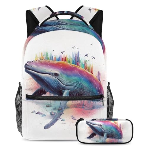 Sac à dos grand volume enfants motif baleine multicolore et trousse scolaire pour adolescents