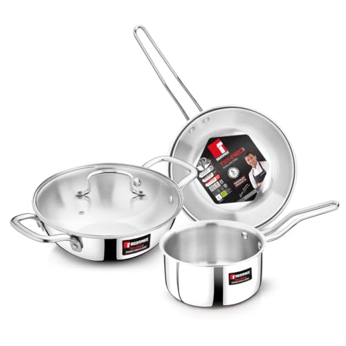 Image of TriPro TriPly Stainless Steel 4 Pcs Cookware Set - Kadai 22cm (2L) with Glass Lid, Frypan 22cm (1.2L), Saucepan 14cm (1L), Consumes Less Oil, Healthy Cooking - Induction and Gas Stove Ready