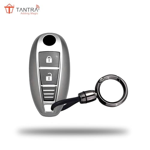 Image of SIAGO TPU Key Cover and Round Keychain Compatible for Maruti Suzuki Baleno | Ciaz | Swift | Ertiga | Ignis | Ritz | S-Cross | SX4 | Vitara Brezza 2 Button Smart Key Cover (Grey)
