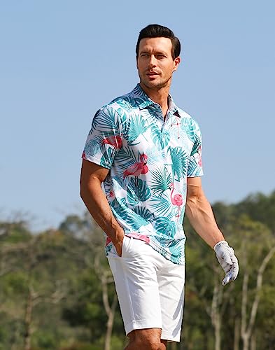 Aptro Men's Hawaiian Golf Polo Shirts Short Sleeve Regular-Fit #P06 Flamingo L #TOP2