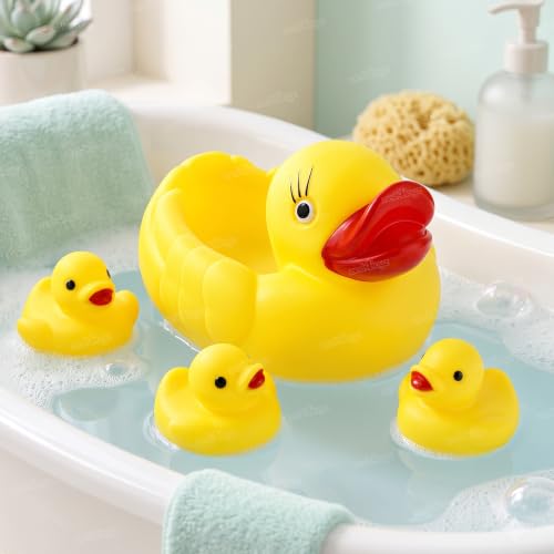 Image of Zest 4 Toyz Chu Chu Duck Bath Toy Set Duck Toy for Kids Floating Rubber Duck Family Safe & Fun Water Play Baby Toys for Kids Babies & Toddlers (Pack of 4) Yellow