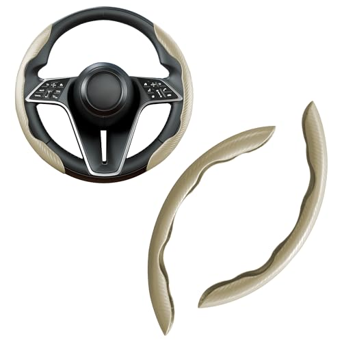 LevChall Carbon Fiber Steering Wheel Cover, 2-Piece Set Anti-Skid Comfortable Grip Segmented Butterfly Design, Easy Snap-On Installation Universal Fit 99% Cars, Beige
