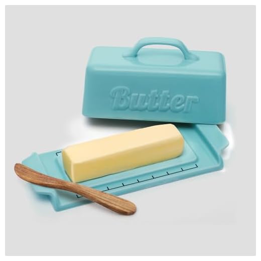 DOWAN Butter Dish with Lid and Knife, Butter Dish with Cutting Measurements and Humanized Knife Handle for East West Coast Butter, Ceramic Butter Dish with Lid for Countertop, Turquoise