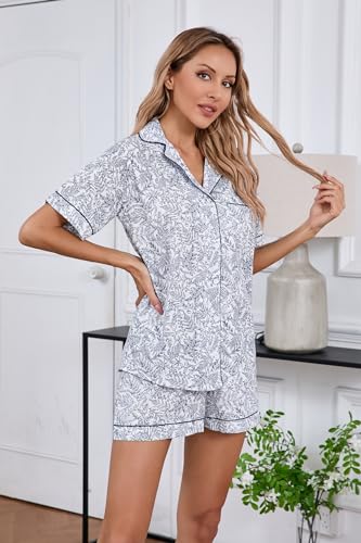 Image of LUBOT 100% Cotton Pajamas for Women 2 Piece PJ Set Poplin Woven Lightweight Ladies Button Short Sleeve Sleepwear S-XXL