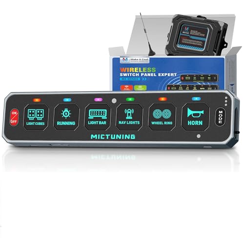 MICTUNING MS-W 6 Gang Wireless Switch Panel Slim Design 208FT Range RGB Auto-dimming Backlit Rechargeable Multifunction Toggle Momentary Flash Strobe Circuit Control Relay Box for Off Road Truck