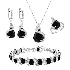 GZWHD Jewelry Set Gift for Women Girl, Black Waterdrop Created Spinel, Party Prom Jewelry, Silver-Tone Earrings Necklace Bracelet Open Ring, Birthday Gifts for Best Friends Sister Mom