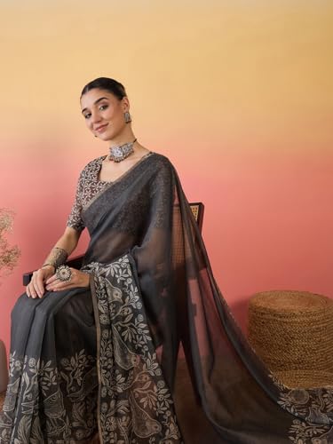 Image of AKHILAM Women's Cotton Printed Saree With Unstitched Blouse Piece