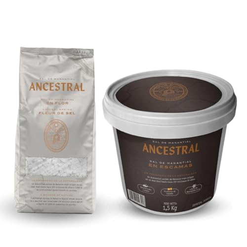 Sal en Escamas Ancestral - Sal sin microplásticos, sal ideal para asar carne - Más sabrosa que la sal céltica o sal marina (Pack Cubo 1,5 kg + Flor de Sal 1,5 kg)