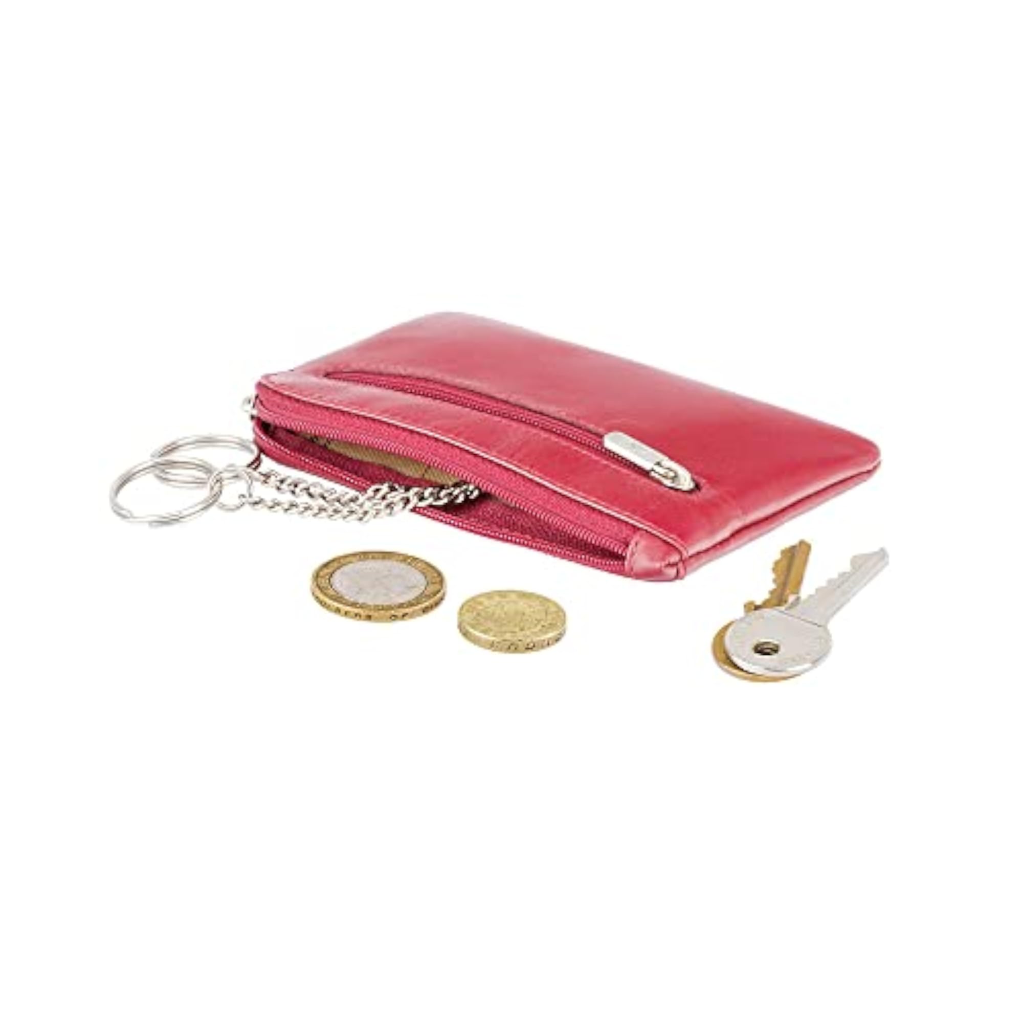 Leather Key Ring Coin Pouch Purse, Red Zippered Design