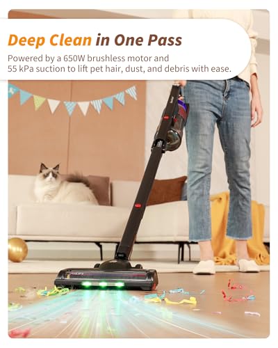Image of ElecKeys 650W Cordless Vacuum Cleaner for Home, Pet Hair & Hardwood Floors, 55KPa Lightweight Vacuum Cleaners with 65 Mins Runtime, Self-Standing, Foldable Tube, Charging Dock & Anti-Tangle Brush