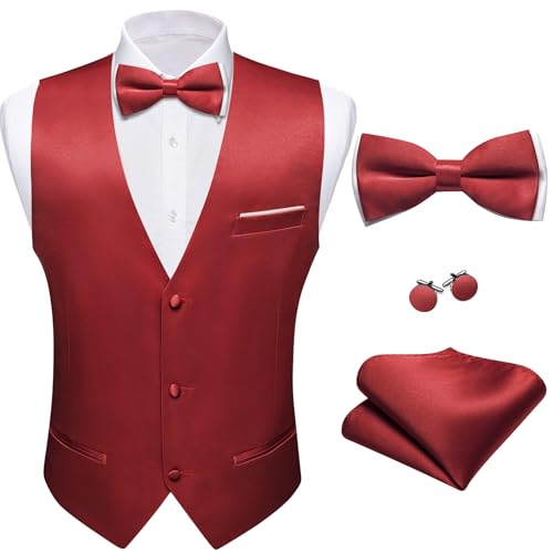 Image of Barry.Wang Mens Suit Vest Bow Tie Set 4PCS Formal V-neck Slim Fit Casual Solid Color Waistcoat Wedding Party Tuxedo