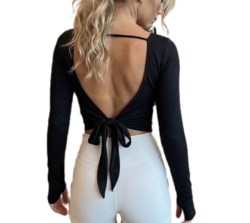 Womens Long Sleeves Y2k Open Back Self Tie Shirt Coquette Sports Workout Yoga Tops (Black M)