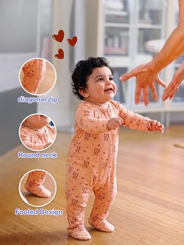 Image of Kidbea Organic Cotton Unisex Baby Romper Soft Breathable Full Sleeve Zipper Footed Bodysuit for Newborn & Infant Kids Sleepwear