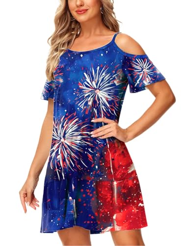 Image of Deerose Womens 4th of July Dresses Cold Shoulder American Flag Tie Dye A-Line Dress with Pockets