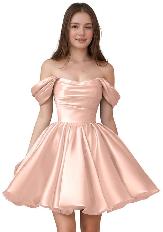 Off The Shoulder Homecoming Dress Satin Short Prom Dress A Line Strapless Pleated Mini Cocktail Party Gown