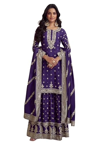 Image of Miss Ethnik Women's Pink Chinon Stitched Top With Stitched Chinon Bottom and Chinon Dupatta Full Sleeve Embroidered Straight Top (ME-1194)